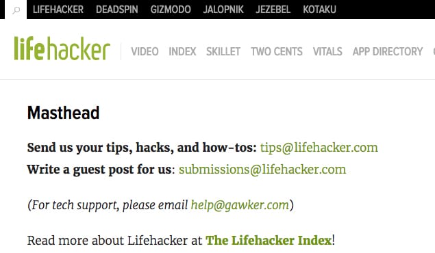 Contacting Lifehacker Tips Email
