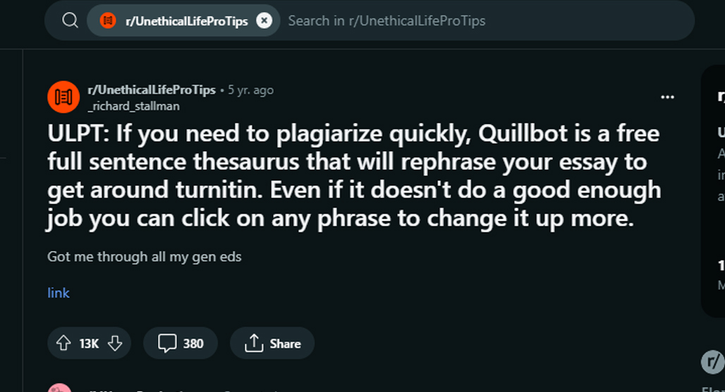 Quillbot Unethical Life Pro Tips Reddit Post