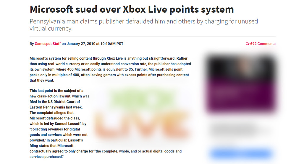 Microsoft Sued Over Xbox Live Points System